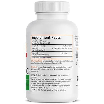 Bronson Vitamin K2 (MK7) mit D3 Extra Stärke Nahrungsergänzungsmittel für die Knochengesundheit, Non-GMO Formel, 10.000 IE & 120 mcg MK-7, leicht zu schlucken D K, 60 Kapseln