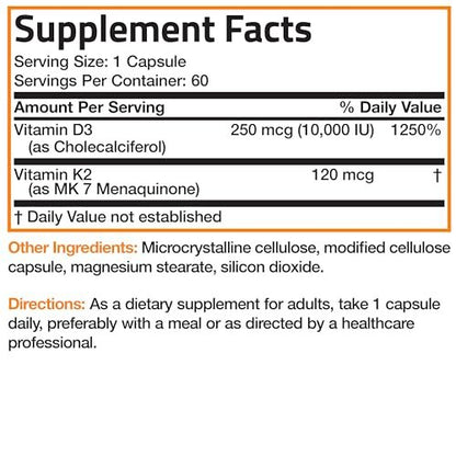 Bronson Vitamin K2 (MK7) mit D3 Extra Stark - Knochen- und Herzgesundheit, nicht gentechnisch verändert - 10.000 IE Vitamin D3 & 120 mcg Vitamin K2 MK-7 - leicht zu schlucken - 250 Kapseln