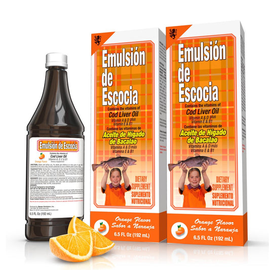 Emulsion de Escocia Lebertran-Komplex mit Vitaminen A, D, E, B1 – Natürlicher Orangen-Geschmack – Nahrungsergänzungsmittel für Immununterstützung & Knochengesundheit – Essentielle Omega-3-Fischöl – 6,5 oz (2er-Pack)