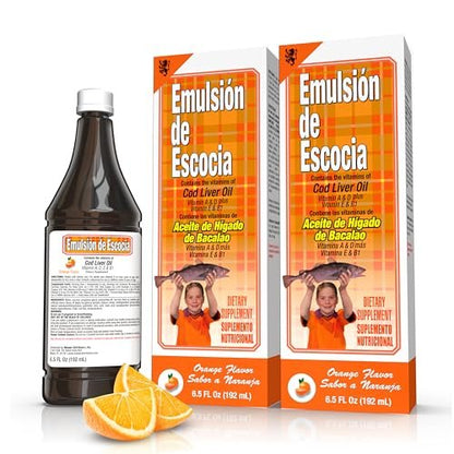 Emulsion de Escocia Lebertran-Komplex mit Vitaminen A, D, E, B1 – Natürlicher Orangen-Geschmack – Nahrungsergänzungsmittel für Immununterstützung & Knochengesundheit – Essentielle Omega-3-Fischöl – 6,5 oz (2er-Pack)