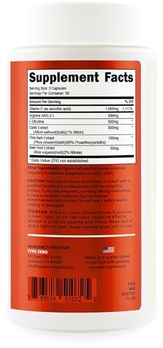 Type Zero Stickstoffmonoxid 6X Booster, 150 vegane Kapseln - Natürliches Nahrungsergänzungsmittel mit Rote Bete, Arginin AKG, Citrullin, Kiefernrinde, Knoblauch & Vitamin C