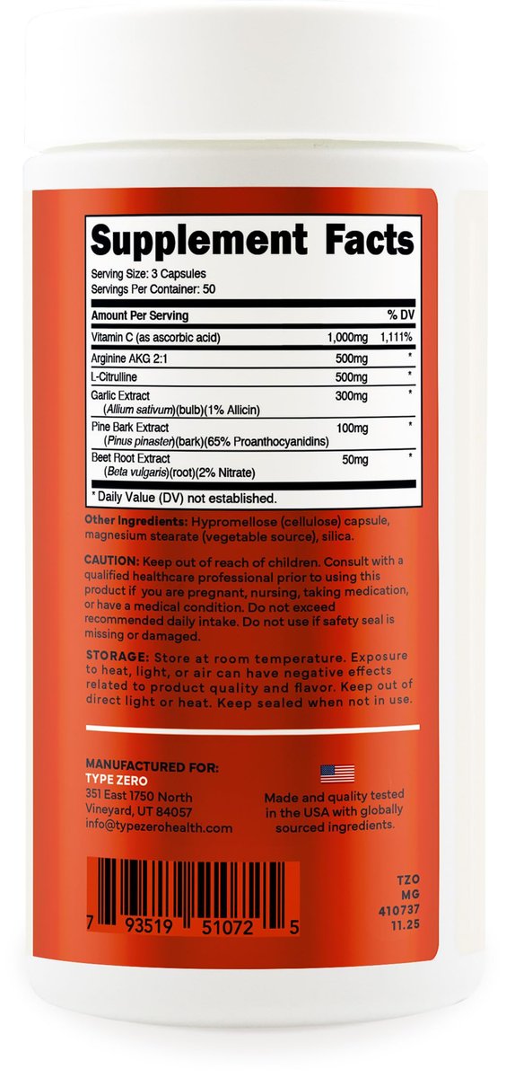 Type Zero Stickstoffmonoxid 6X Booster, 150 vegane Kapseln - Natürliches Nahrungsergänzungsmittel mit Rote Bete, Arginin AKG, Citrullin, Kiefernrinde, Knoblauch & Vitamin C