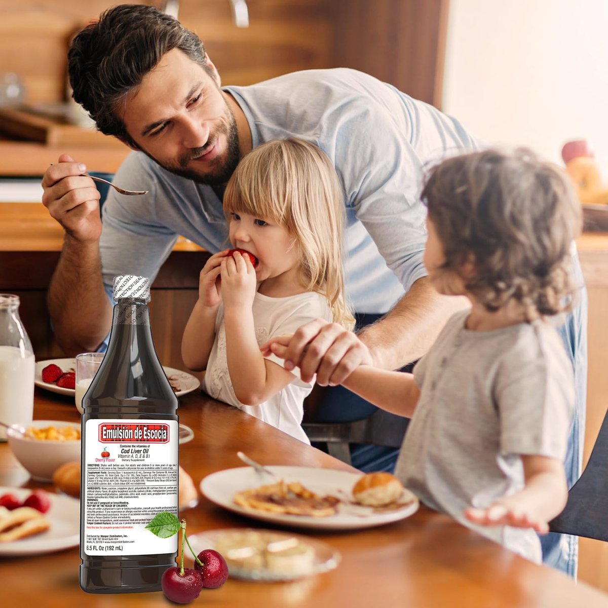 Emulsión de Escocia Lebertran mit Vitaminen A, D, E, B1 - Natürlicher Kirschgeschmack Fischöl Omega-3 Nahrungsergänzungsmittel für Immununterstützung & Wachstum - Essentielle Nährstoffe - 6,5 Unzen (2er-Pack)
