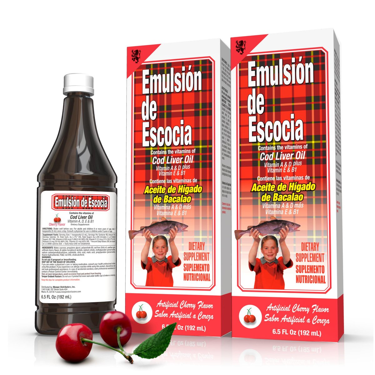Emulsión de Escocia Lebertran mit Vitaminen A, D, E, B1 - Natürlicher Kirschgeschmack Fischöl Omega-3 Nahrungsergänzungsmittel für Immununterstützung & Wachstum - Essentielle Nährstoffe - 6,5 Unzen (2er-Pack)