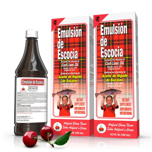 Emulsión de Escocia Lebertran mit Vitaminen A, D, E, B1 - Natürlicher Kirschgeschmack Fischöl Omega-3 Nahrungsergänzungsmittel für Immununterstützung & Wachstum - Essentielle Nährstoffe - 6,5 Unzen (2er-Pack)