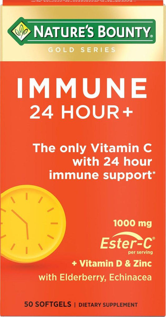 Nature's Bounty Immune 24 Hour +, Vitamin C mit 24-Stunden-Immununterstützung durch Ester-C, 1000 mg Vitamin C, D & Zink, glutenfrei, Rapid Release Softgels, 2 Softgels pro Tag, 50 Stück