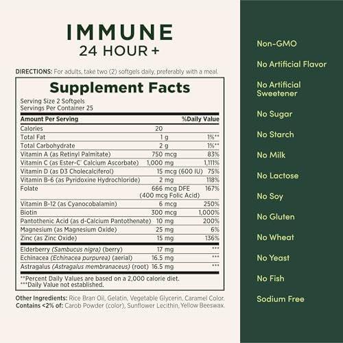 Nature's Bounty Immune 24 Hour +, Vitamin C mit 24-Stunden-Immununterstützung durch Ester-C, 1000 mg Vitamin C, D & Zink, glutenfrei, Rapid Release Softgels, 2 Softgels pro Tag, 50 Stück