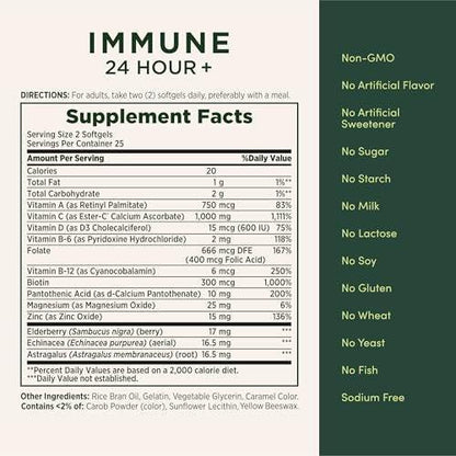 Nature's Bounty Immune 24 Hour +, Vitamin C mit 24-Stunden-Immununterstützung durch Ester-C, 1000 mg Vitamin C, D & Zink, glutenfrei, Rapid Release Softgels, 2 Softgels pro Tag, 50 Stück