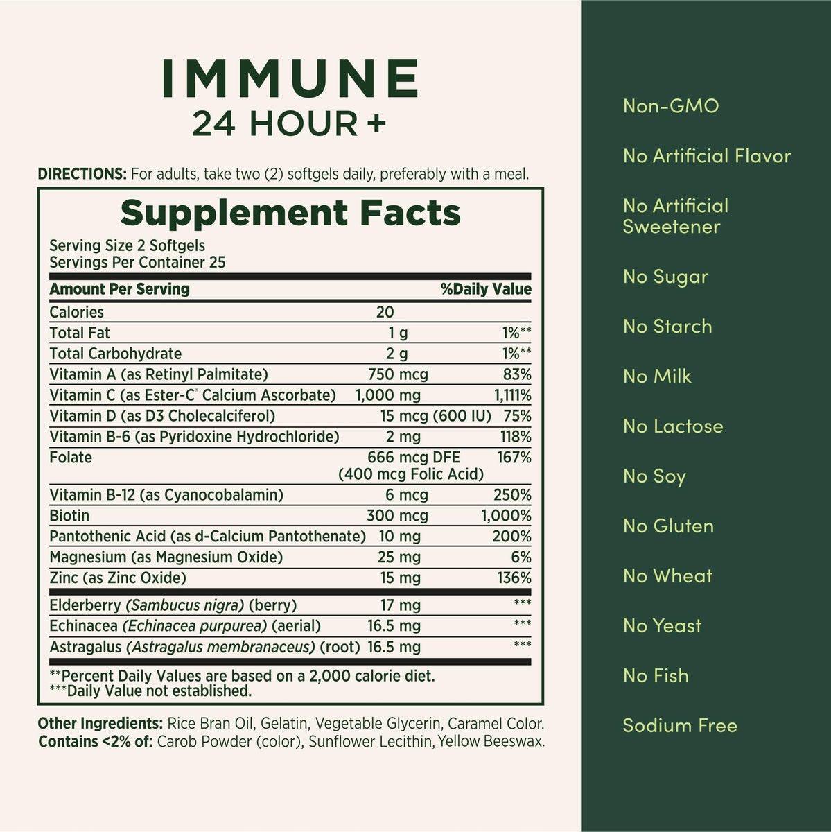 Nature's Bounty Immune 24 Hour +, Vitamin C mit 24-Stunden-Immununterstützung durch Ester-C, 1000 mg Vitamin C, D & Zink, glutenfrei, Rapid Release Softgels, 2 Softgels pro Tag, 50 Stück