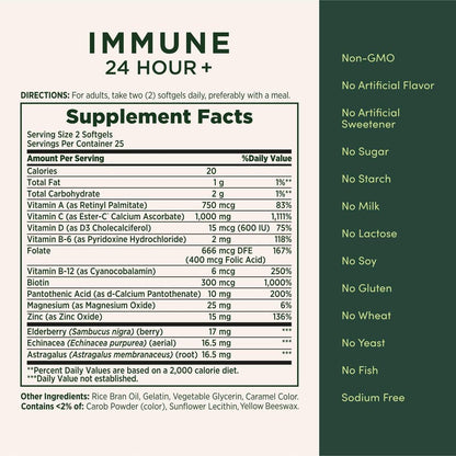 Nature's Bounty Immune 24 Hour +, Vitamin C mit 24-Stunden-Immununterstützung durch Ester-C, 1000 mg Vitamin C, D & Zink, glutenfrei, Rapid Release Softgels, 2 Softgels pro Tag, 50 Stück
