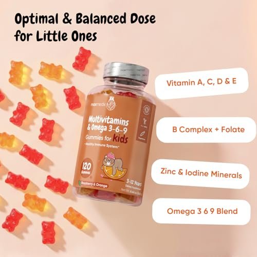 maxmedix Kinder Multivitamin Gummis mit Omega 3 6 9 | 20 wichtige Vitamine C, A, D, E, B12 & Zink – Tägliches Multivitamin für Kinder für ein gesundes Immunsystem, Himbeer- & Orangengeschmack, 2-Monatsvorrat (120 Stück)