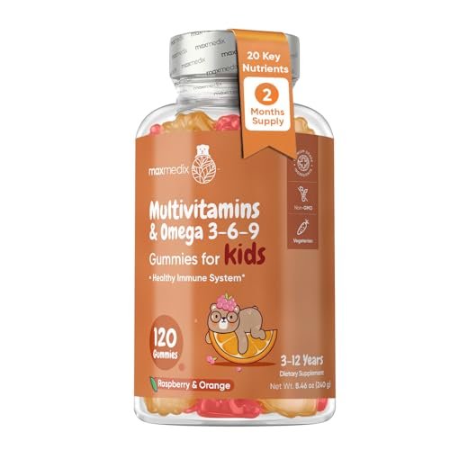 maxmedix Kinder Multivitamin Gummis mit Omega 3 6 9 | 20 wichtige Vitamine C, A, D, E, B12 & Zink – Tägliches Multivitamin für Kinder für ein gesundes Immunsystem, Himbeer- & Orangengeschmack, 2-Monatsvorrat (120 Stück)