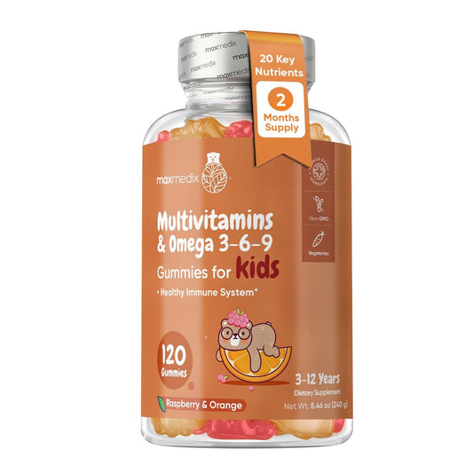 maxmedix Kinder Multivitamin Gummis mit Omega 3 6 9 | 20 wichtige Vitamine C, A, D, E, B12 & Zink – Tägliches Multivitamin für Kinder für ein gesundes Immunsystem, Himbeer- & Orangengeschmack, 2-Monatsvorrat (120 Stück)