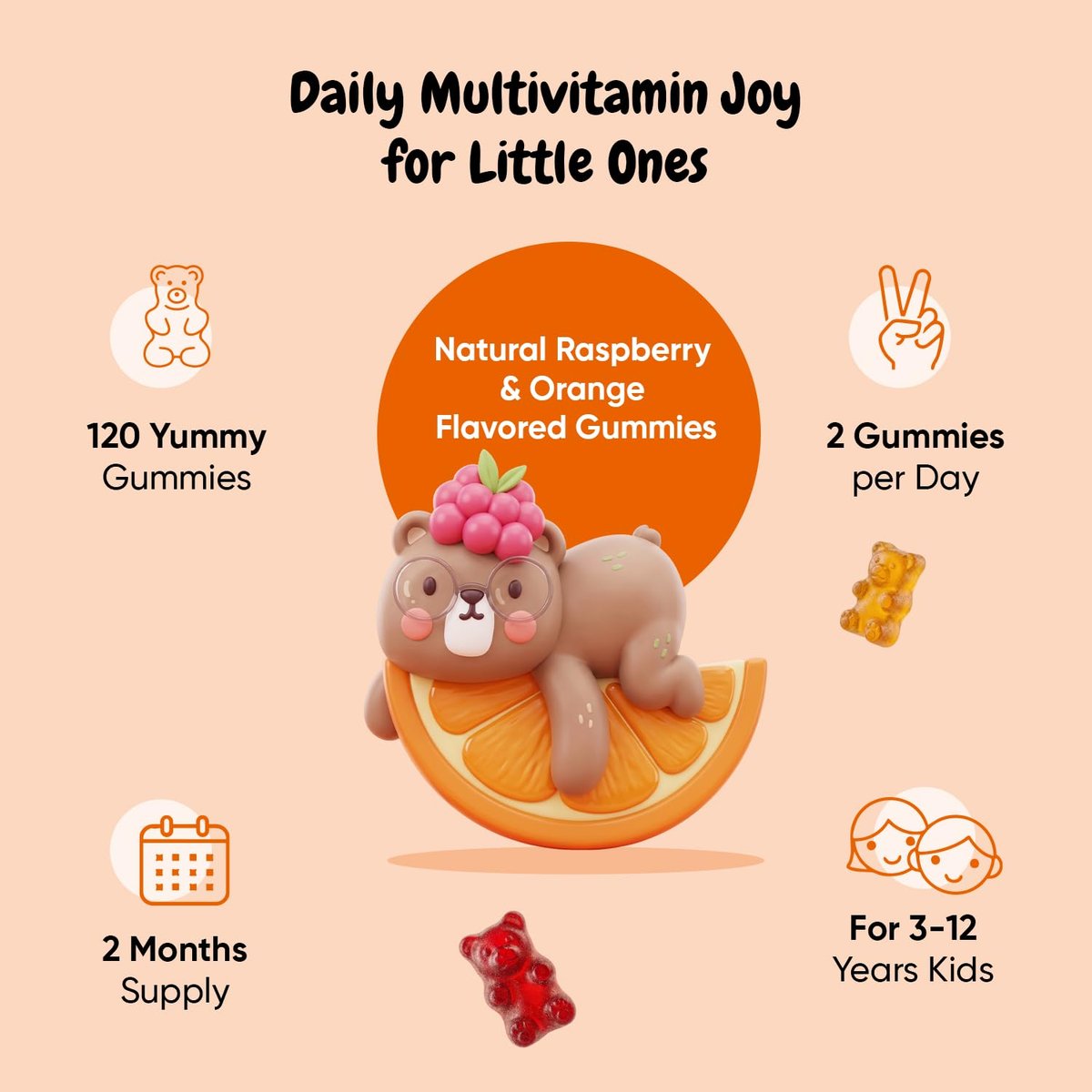 maxmedix Kinder Multivitamin Gummis mit Omega 3 6 9 | 20 wichtige Vitamine C, A, D, E, B12 & Zink – Tägliches Multivitamin für Kinder für ein gesundes Immunsystem, Himbeer- & Orangengeschmack, 2-Monatsvorrat (120 Stück)