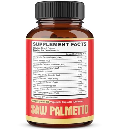 Premium Sägepalmen-Kapseln mit Ashwagandha, Kurkuma, Tribulus, Maca, Grüntee, Ingwer, Heiligem Basilikum & mehr - 90 Kapseln, 3-Monatsvorrat