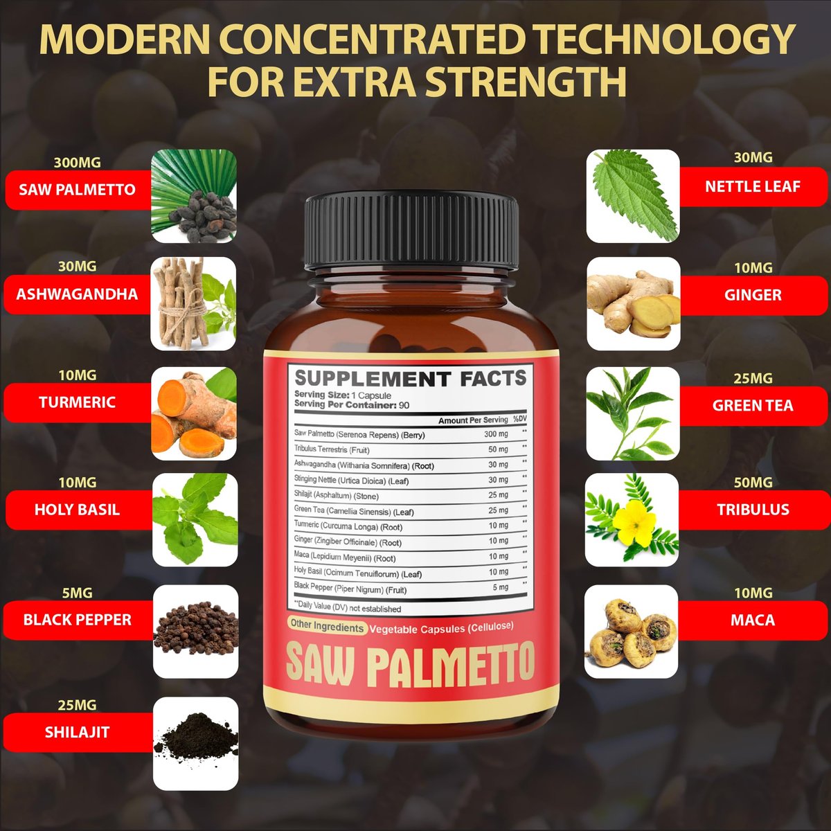 Premium Sägepalmen-Kapseln mit Ashwagandha, Kurkuma, Tribulus, Maca, Grüntee, Ingwer, Heiligem Basilikum & mehr - 90 Kapseln, 3-Monatsvorrat