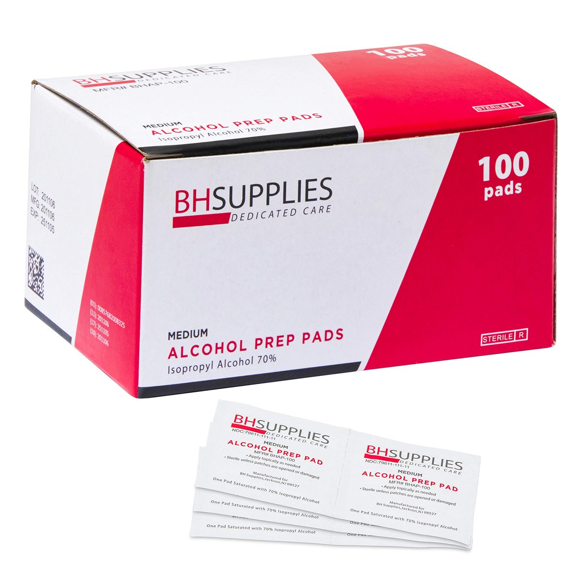 BH Supplies Alkohol-Pads | Medizinisch, steril, einzeln verpackt, 70% Isopropylalkohol, mittel 2-lagig, 100 Stück