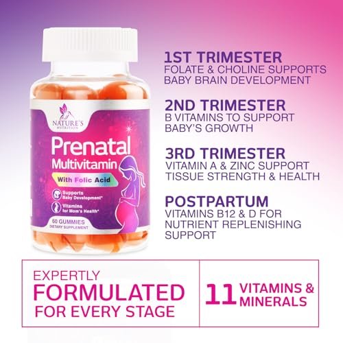 Pränatale Vitamine für Frauen – Schwangerschaftsvitamine Gummis mit Folsäure, Vitamin A, C, D3, B12, B6 – Pränatal-Multivitamin-Gummis für die Unterstützung des Fötus, schwangere & stillende Frauen – 60 Gummis