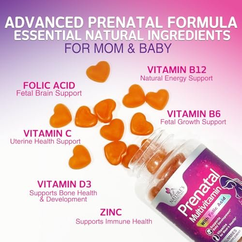 Pränatale Vitamine für Frauen – Schwangerschaftsvitamine Gummis mit Folsäure, Vitamin A, C, D3, B12, B6 – Pränatal-Multivitamin-Gummis für die Unterstützung des Fötus, schwangere & stillende Frauen – 60 Gummis