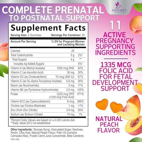 Pränatale Vitamine für Frauen – Schwangerschaftsvitamine Gummis mit Folsäure, Vitamin A, C, D3, B12, B6 – Pränatal-Multivitamin-Gummis für die Unterstützung des Fötus, schwangere & stillende Frauen – 60 Gummis