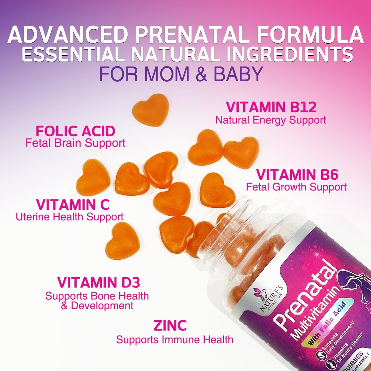 Pränatale Vitamine für Frauen – Schwangerschaftsvitamine Gummis mit Folsäure, Vitamin A, C, D3, B12, B6 – Pränatal-Multivitamin-Gummis für die Unterstützung des Fötus, schwangere & stillende Frauen – 60 Gummis