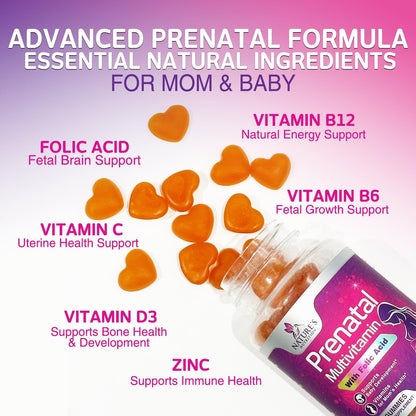Pränatale Vitamine für Frauen – Schwangerschaftsvitamine Gummis mit Folsäure, Vitamin A, C, D3, B12, B6 – Pränatal-Multivitamin-Gummis für die Unterstützung des Fötus, schwangere & stillende Frauen – 60 Gummis