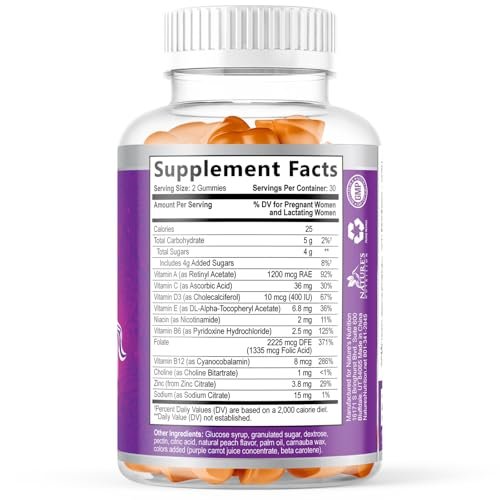 Pränatale Vitamine für Frauen – Schwangerschaftsvitamine Gummibärchen mit Folsäure, Vitamin A, C, D3, B12, B6 – Präzises Multivitamin für die fetale Unterstützung, schwangere & stillende Frauen – 120 Gummibärchen
