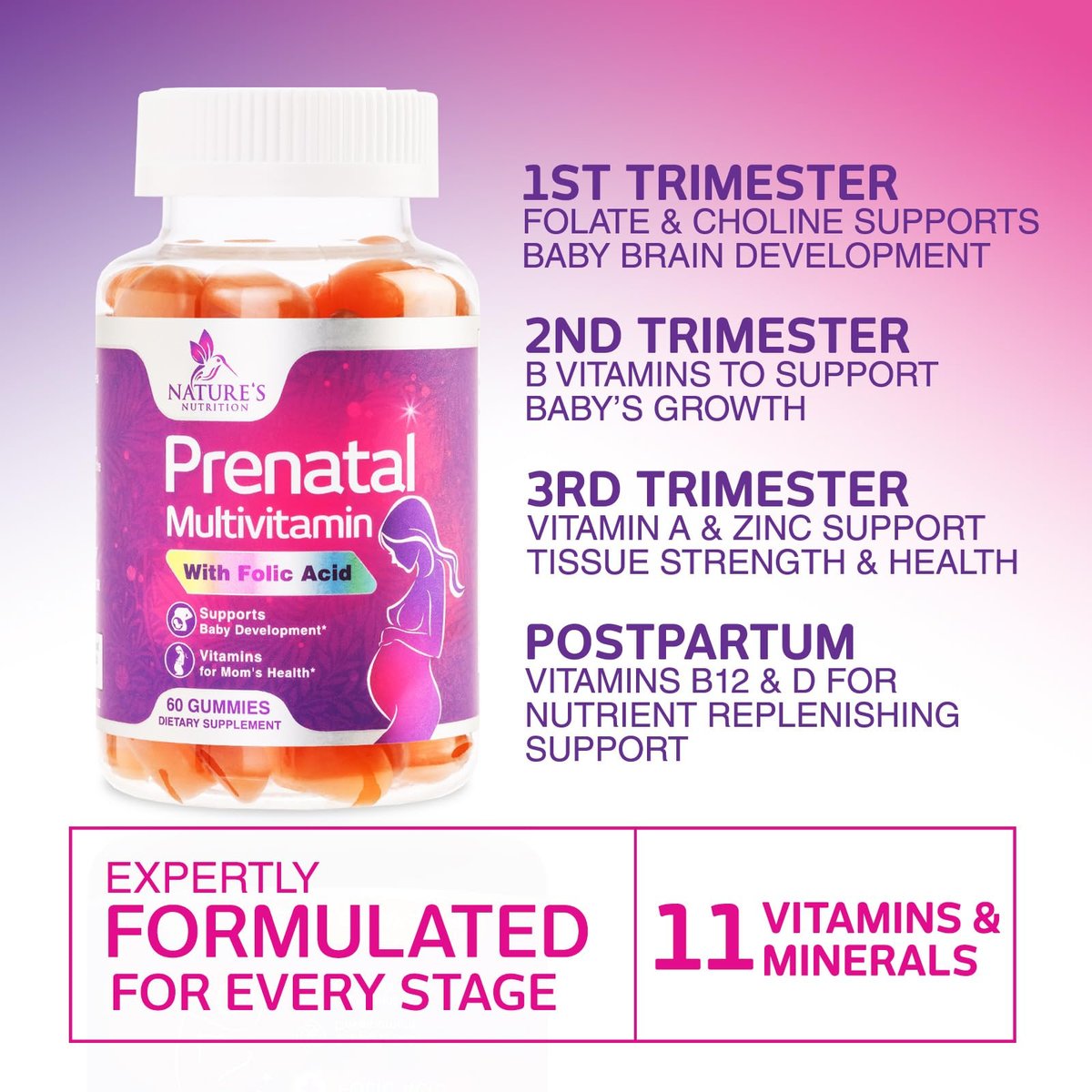 Pränatale Vitamine für Frauen – Schwangerschaftsvitamine Gummis mit Folsäure, Vitamin A, C, D3, B12, B6 – Pränatal-Multivitamin-Gummis für die Unterstützung des Fötus, schwangere & stillende Frauen – 60 Gummis