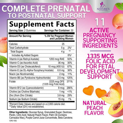 Pränatale Vitamine für Frauen – Schwangerschaftsvitamine Gummis mit Folsäure, Vitamin A, C, D3, B12, B6 – Pränatal-Multivitamin-Gummis für die Unterstützung des Fötus, schwangere & stillende Frauen – 60 Gummis