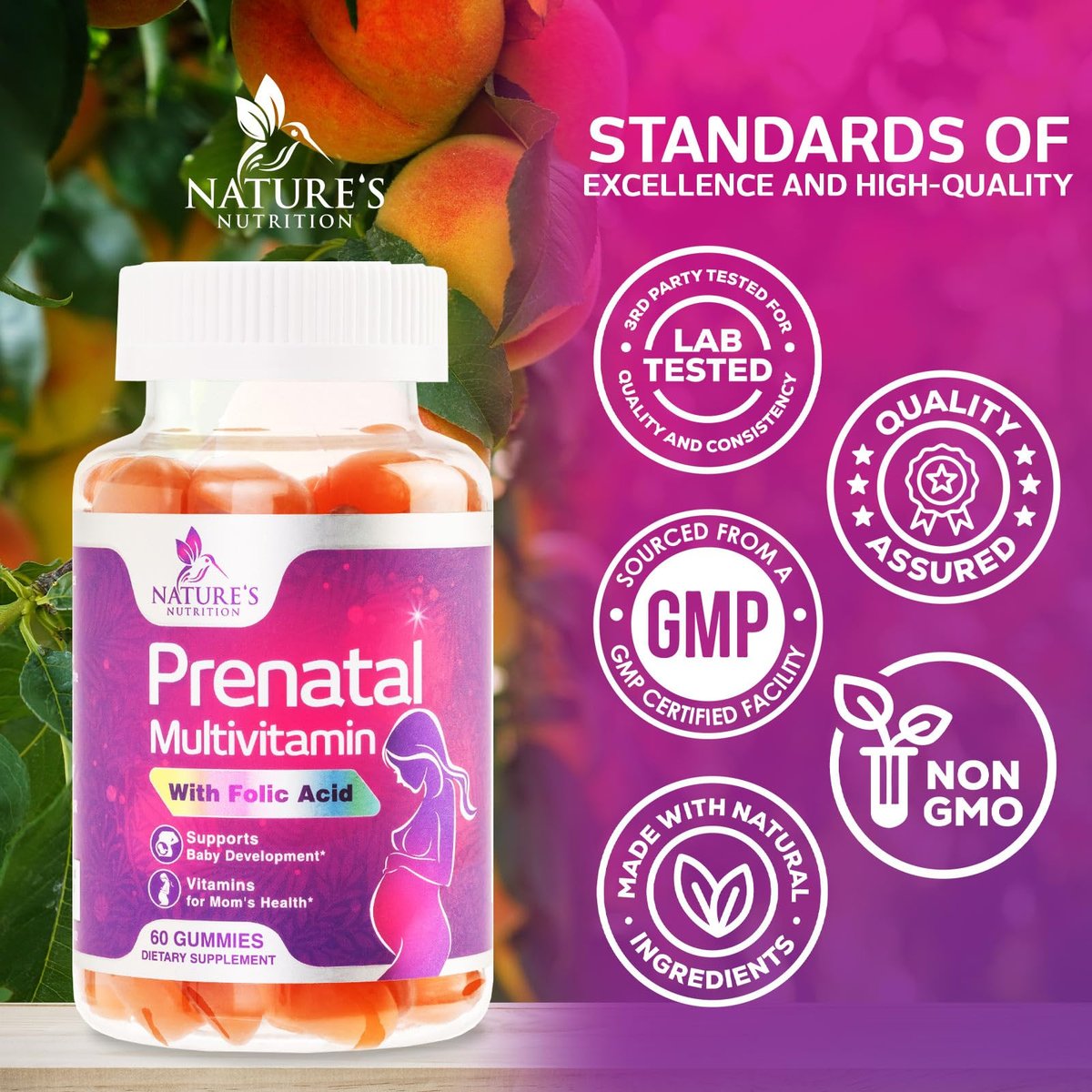 Pränatale Vitamine für Frauen – Schwangerschaftsvitamine Gummis mit Folsäure, Vitamin A, C, D3, B12, B6 – Pränatal-Multivitamin-Gummis für die Unterstützung des Fötus, schwangere & stillende Frauen – 60 Gummis