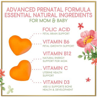 Hello Lovely! Schwangerschaftsvitamine für Frauen – Komplettes pränatales Multivitamin mit Folsäure, Omega-3 DHA, Cholin, Vitamin D – Essentielle Unterstützung für die Gehirnentwicklung von Mutter und Baby – Leckerer Orangen-Geschmack – 60 Gummis