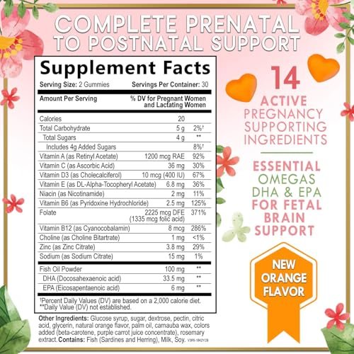 Hello Lovely! Schwangerschaftsvitamine für Frauen – Komplettes pränatales Multivitamin mit Folsäure, Omega-3 DHA, Cholin, Vitamin D – Essentielle Unterstützung für die Gehirnentwicklung von Mutter und Baby – Leckerer Orangen-Geschmack – 60 Gummis