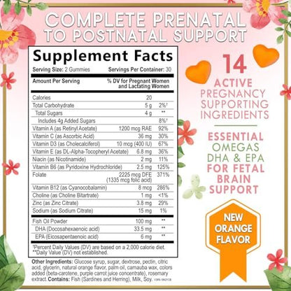 Hello Lovely! Schwangerschaftsvitamine für Frauen – Komplettes pränatales Multivitamin mit Folsäure, Omega-3 DHA, Cholin, Vitamin D – Essentielle Unterstützung für die Gehirnentwicklung von Mutter und Baby – Leckerer Orangen-Geschmack – 60 Gummis