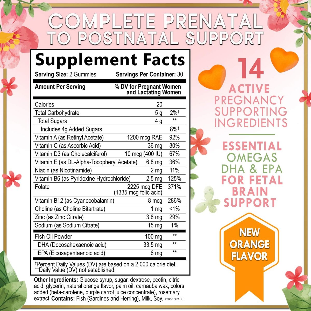 Hello Lovely! Schwangerschaftsvitamine für Frauen – Komplettes pränatales Multivitamin mit Folsäure, Omega-3 DHA, Cholin, Vitamin D – Essentielle Unterstützung für die Gehirnentwicklung von Mutter und Baby – Leckerer Orangen-Geschmack – 60 Gummis