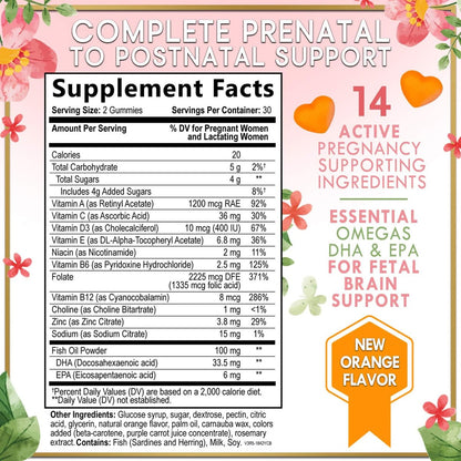 Hello Lovely! Schwangerschaftsvitamine für Frauen – Komplettes pränatales Multivitamin mit Folsäure, Omega-3 DHA, Cholin, Vitamin D – Essentielle Unterstützung für die Gehirnentwicklung von Mutter und Baby – Leckerer Orangen-Geschmack – 60 Gummis