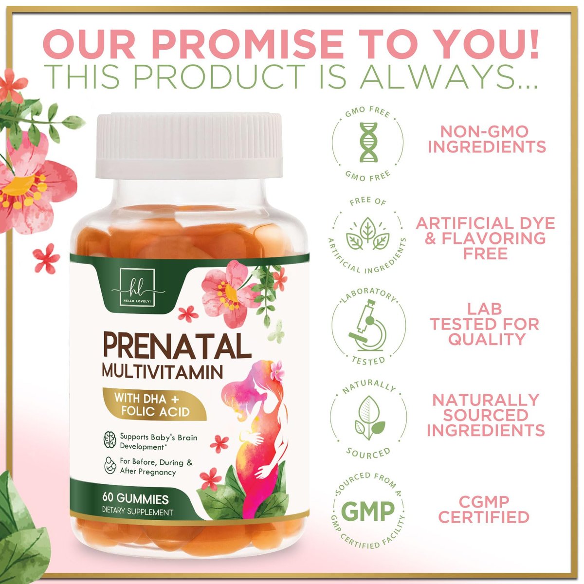 Hello Lovely! Schwangerschaftsvitamine für Frauen – Komplettes pränatales Multivitamin mit Folsäure, Omega-3 DHA, Cholin, Vitamin D – Essentielle Unterstützung für die Gehirnentwicklung von Mutter und Baby – Leckerer Orangen-Geschmack – 60 Gummis