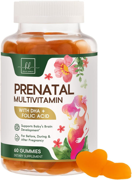 Hello Lovely! Schwangerschaftsvitamine für Frauen – Komplettes pränatales Multivitamin mit Folsäure, Omega-3 DHA, Cholin, Vitamin D – Essentielle Unterstützung für die Gehirnentwicklung von Mutter und Baby – Leckerer Orangen-Geschmack – 60 Gummis