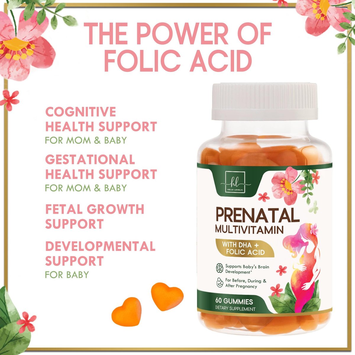 Hello Lovely! Schwangerschaftsvitamine für Frauen – Komplettes pränatales Multivitamin mit Folsäure, Omega-3 DHA, Cholin, Vitamin D – Essentielle Unterstützung für die Gehirnentwicklung von Mutter und Baby – Leckerer Orangen-Geschmack – 60 Gummis