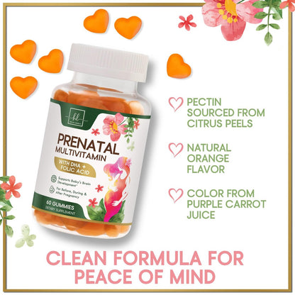 Hello Lovely! Schwangerschaftsvitamine für Frauen – Komplettes pränatales Multivitamin mit Folsäure, Omega-3 DHA, Cholin, Vitamin D – Essentielle Unterstützung für die Gehirnentwicklung von Mutter und Baby – Leckerer Orangen-Geschmack – 60 Gummis