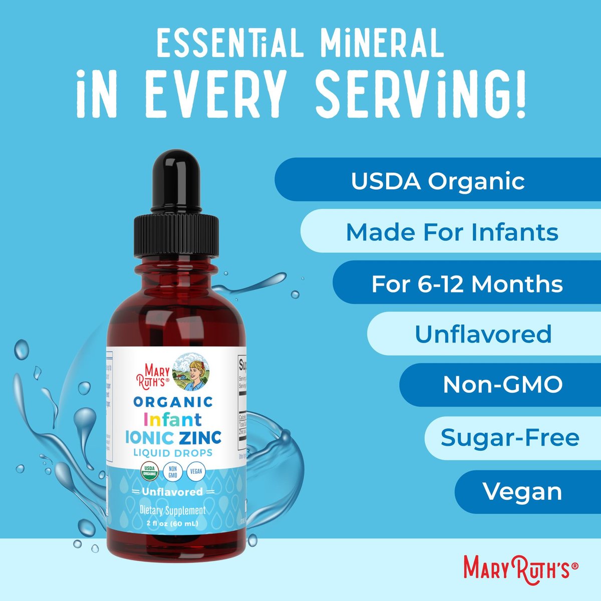 MaryRuth Organics Bio-organische flüssige Zinktropfen für Säuglinge | Zinksulfat zur Immununterstützung | Bio-Glycerin | Antioxidans | Vegan | Für Babys von 6–12 Monaten | 1 Monatsvorrat | 60 ml