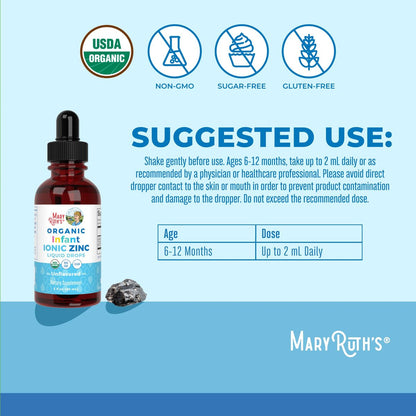 MaryRuth Organics Bio-organische flüssige Zinktropfen für Säuglinge | Zinksulfat zur Immununterstützung | Bio-Glycerin | Antioxidans | Vegan | Für Babys von 6–12 Monaten | 1 Monatsvorrat | 60 ml
