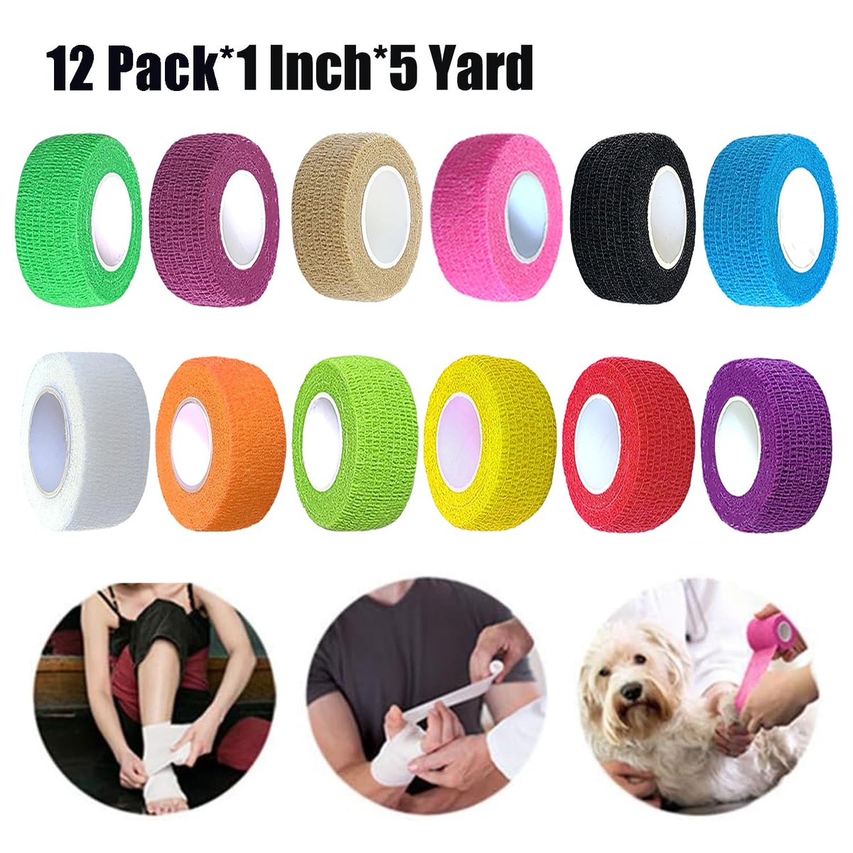 Erewa 12er-Pack Selbstklebende Wickelbandage - Tierverband, dehnbares, selbsthaftendes, atmungsaktives Sporttape (1 Zoll x 5 Yards, 12 Farben)