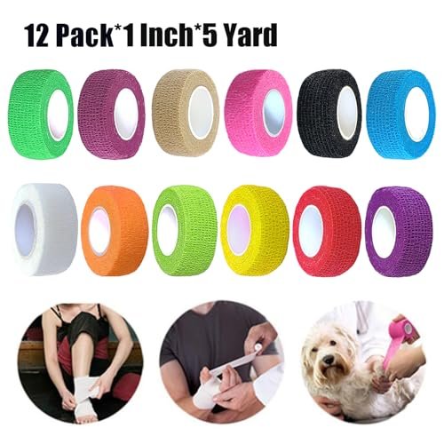Erewa 12er-Pack Selbstklebende Wickelbandage - Tierverband, dehnbares, selbsthaftendes, atmungsaktives Sporttape (1 Zoll x 5 Yards, 12 Farben)