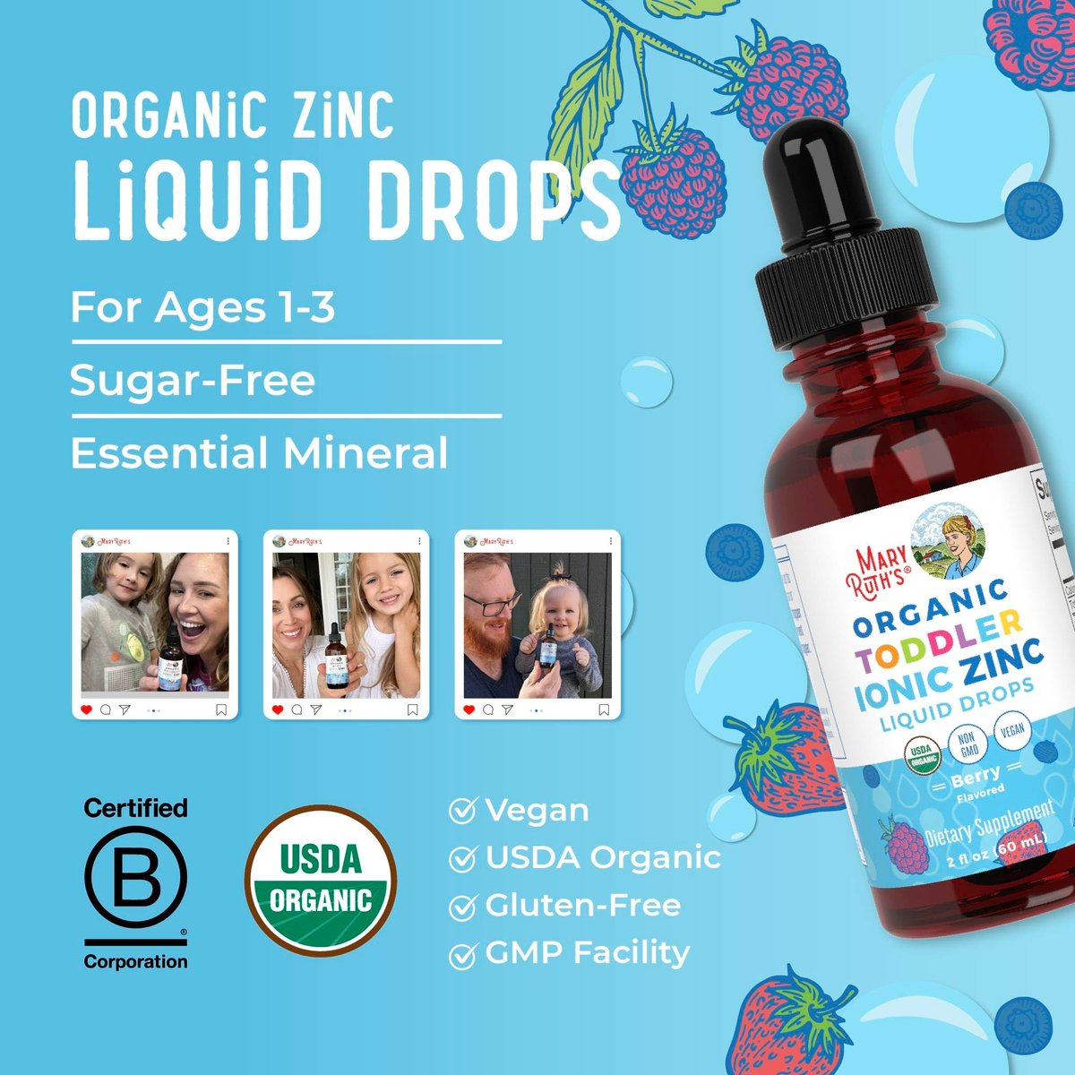 MaryRuth's Organics USDA Bio-Zink-Tropfen für Kleinkinder | Immunsystem & Hautgesundheit | Vegan | Leckerer Beerengeschmack | 1 Monatsvorrat | 60 ml