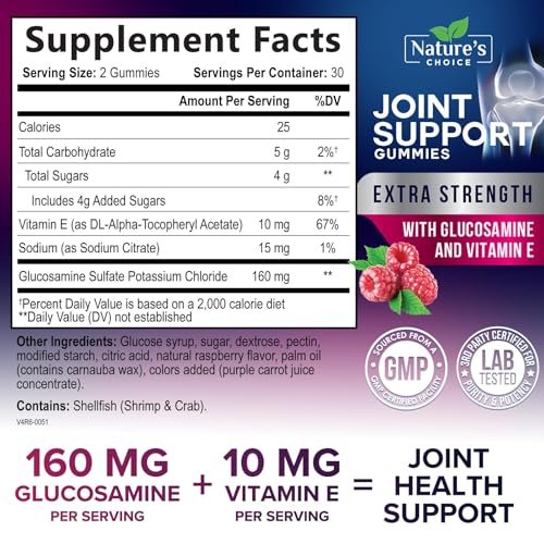 Gelenkunterstützung Gummibärchen - Extra starkes Glucosamin Gummy Supplement mit Vitamin E - Natürliche Knorpel-, Gelenkgesundheits- und Flexibilitätsunterstützung, Beste Glucosamin-Kaubonbons für Männer & Frauen - 60 Gummibärchen