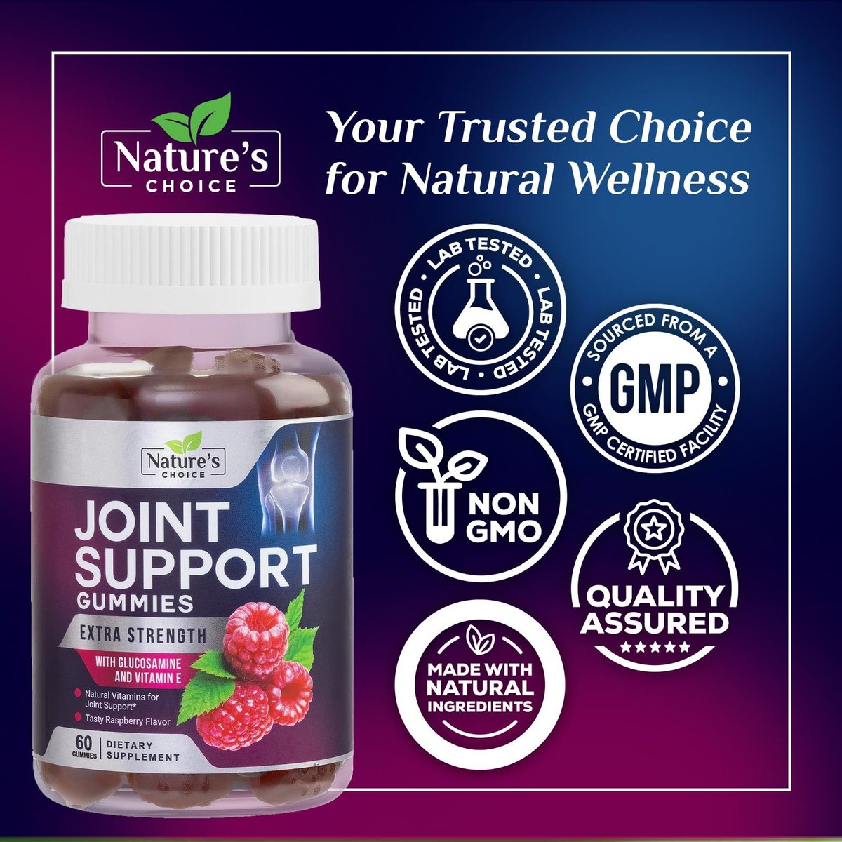 Gelenkunterstützung Gummibärchen - Extra starkes Glucosamin Gummy Supplement mit Vitamin E - Natürliche Knorpel-, Gelenkgesundheits- und Flexibilitätsunterstützung, Beste Glucosamin-Kaubonbons für Männer & Frauen - 60 Gummibärchen