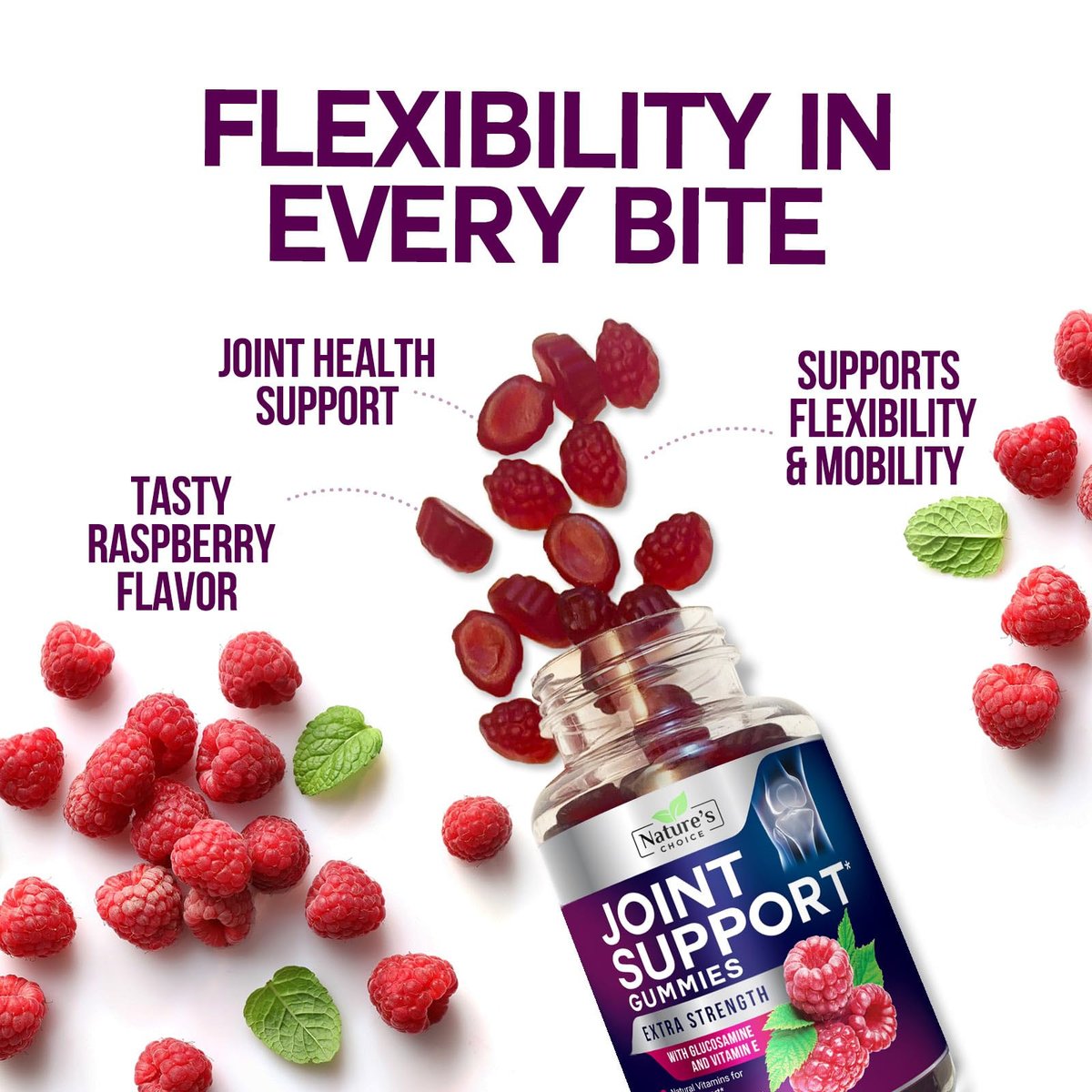 Gelenkunterstützung Gummibärchen - Extra starkes Glucosamin Gummy Supplement mit Vitamin E - Natürliche Knorpel-, Gelenkgesundheits- und Flexibilitätsunterstützung, Beste Glucosamin-Kaubonbons für Männer & Frauen - 60 Gummibärchen