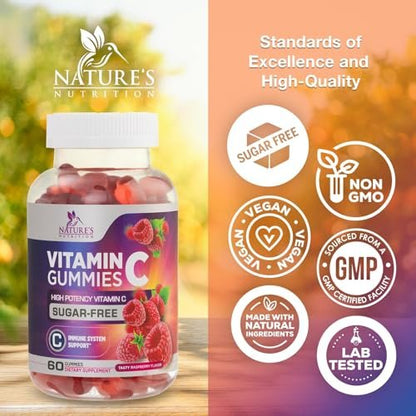 Zero Sugar Vitamin C Gummies – Immunstärkung & Antioxidantien – Vegan, Non-GMO, milch- & glutenfrei – Himbeergeschmack für Kinder & Erwachsene – 60 Gummis