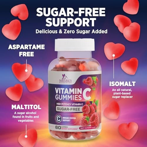 Zero Sugar Vitamin C Gummies – Immunstärkung & Antioxidantien – Vegan, Non-GMO, milch- & glutenfrei – Himbeergeschmack für Kinder & Erwachsene – 60 Gummis