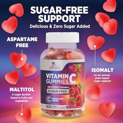 Zero Sugar Vitamin C Gummies – Immunstärkung & Antioxidantien – Vegan, Non-GMO, milch- & glutenfrei – Himbeergeschmack für Kinder & Erwachsene – 60 Gummis